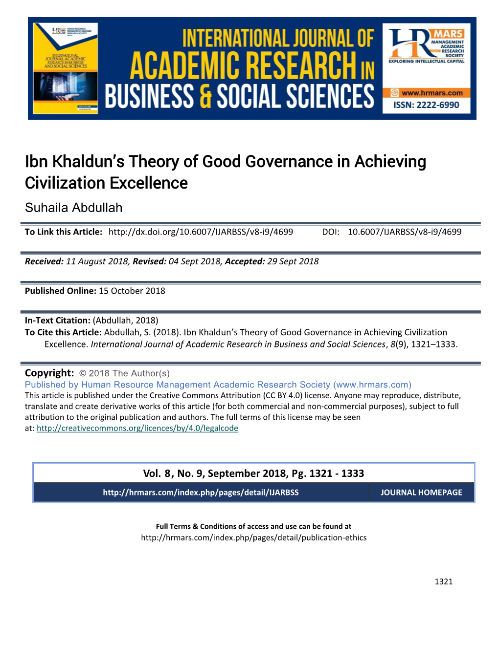 Ibn Khaldun's Theory of Good Governance in Achieving