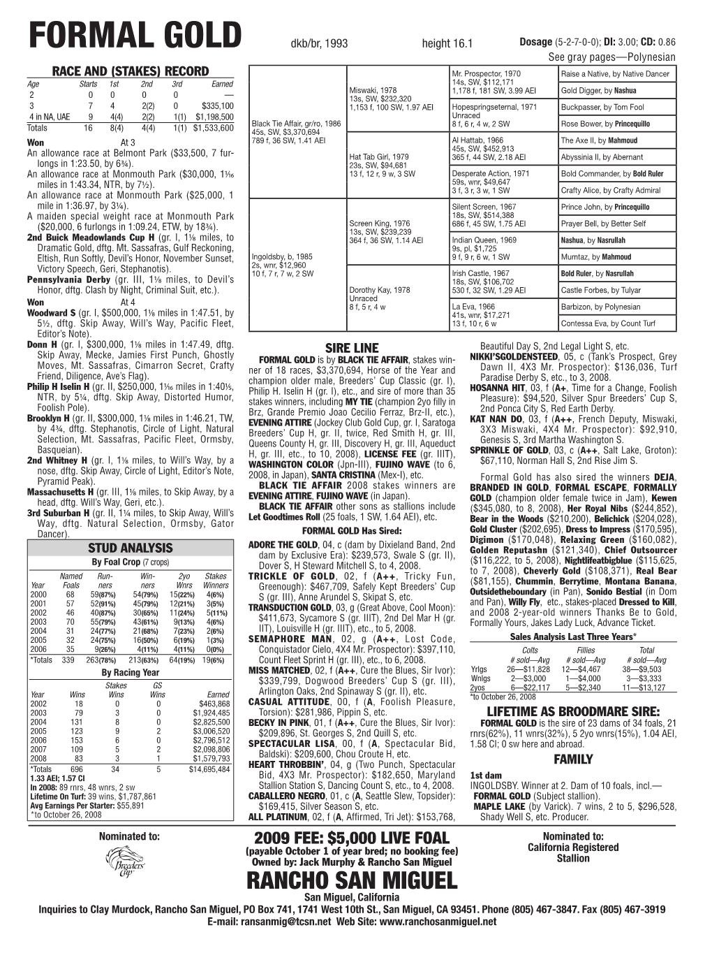 Formal Gold Dkb/Br, 1993 Height 16.1 Dosage (5-2-7-0-0); DI: 3.00; CD: 0.86 See Gray Pages—Polynesian RACE and (STAKES) RECORD Mr