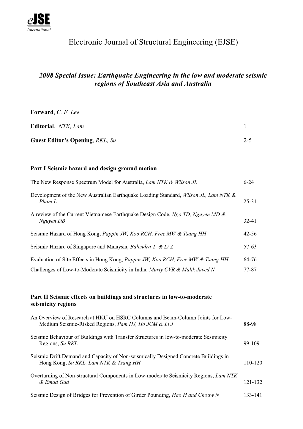 Special Issue of the Electronic Journal of Structural Engineering