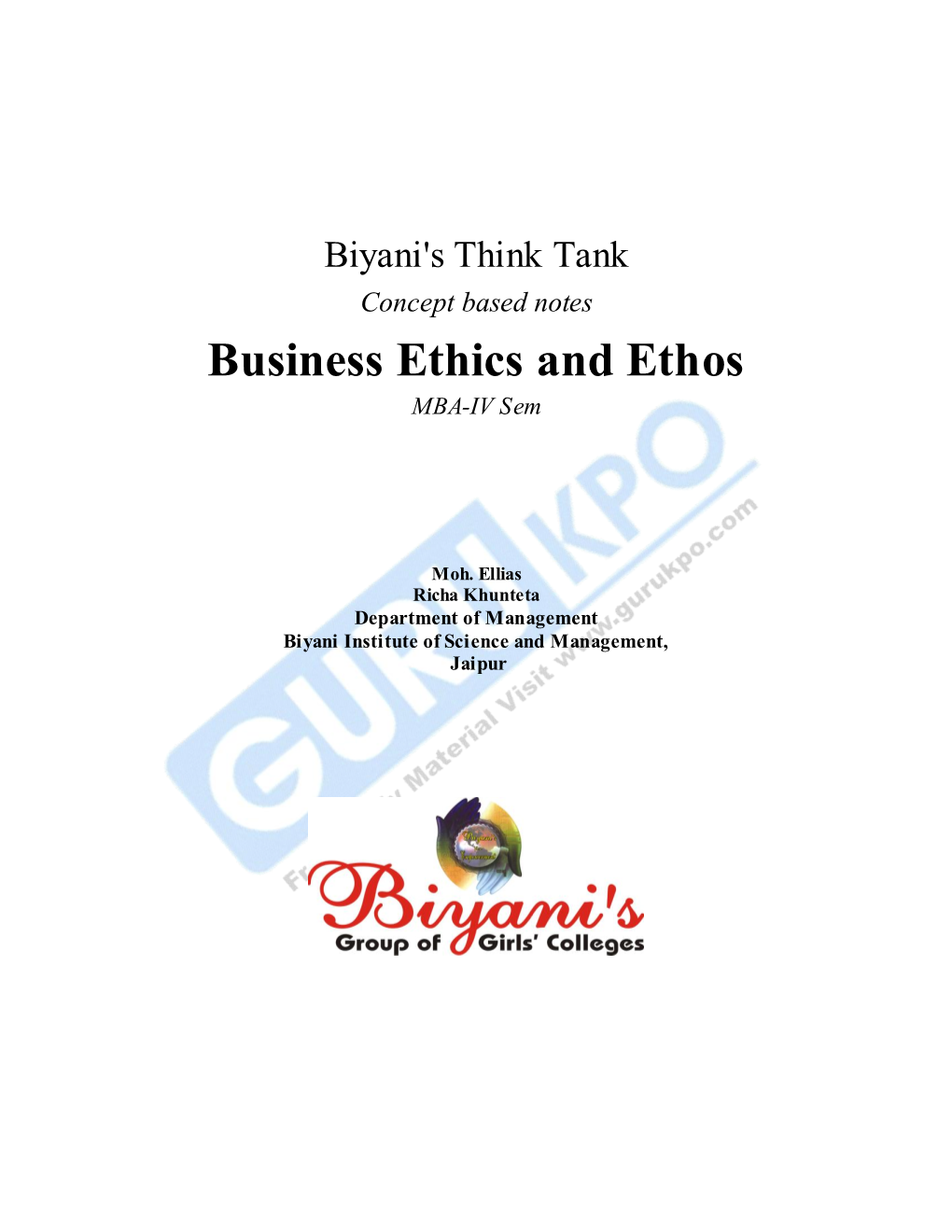 Business Ethics and Ethos MBA-IV Sem
