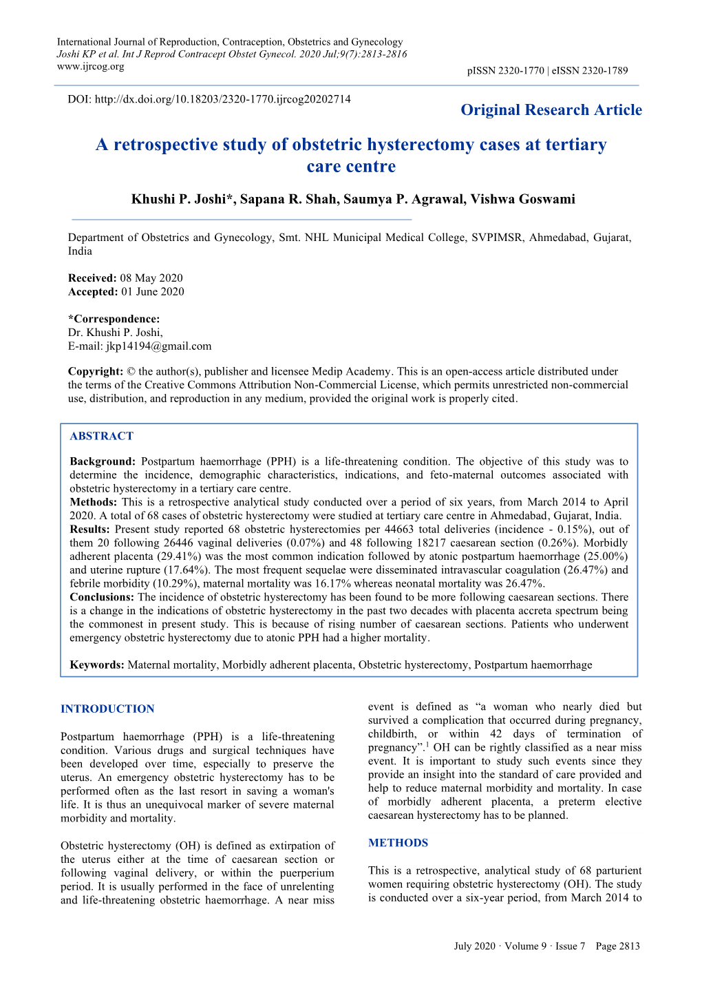 A Retrospective Study of Obstetric Hysterectomy Cases at Tertiary Care Centre