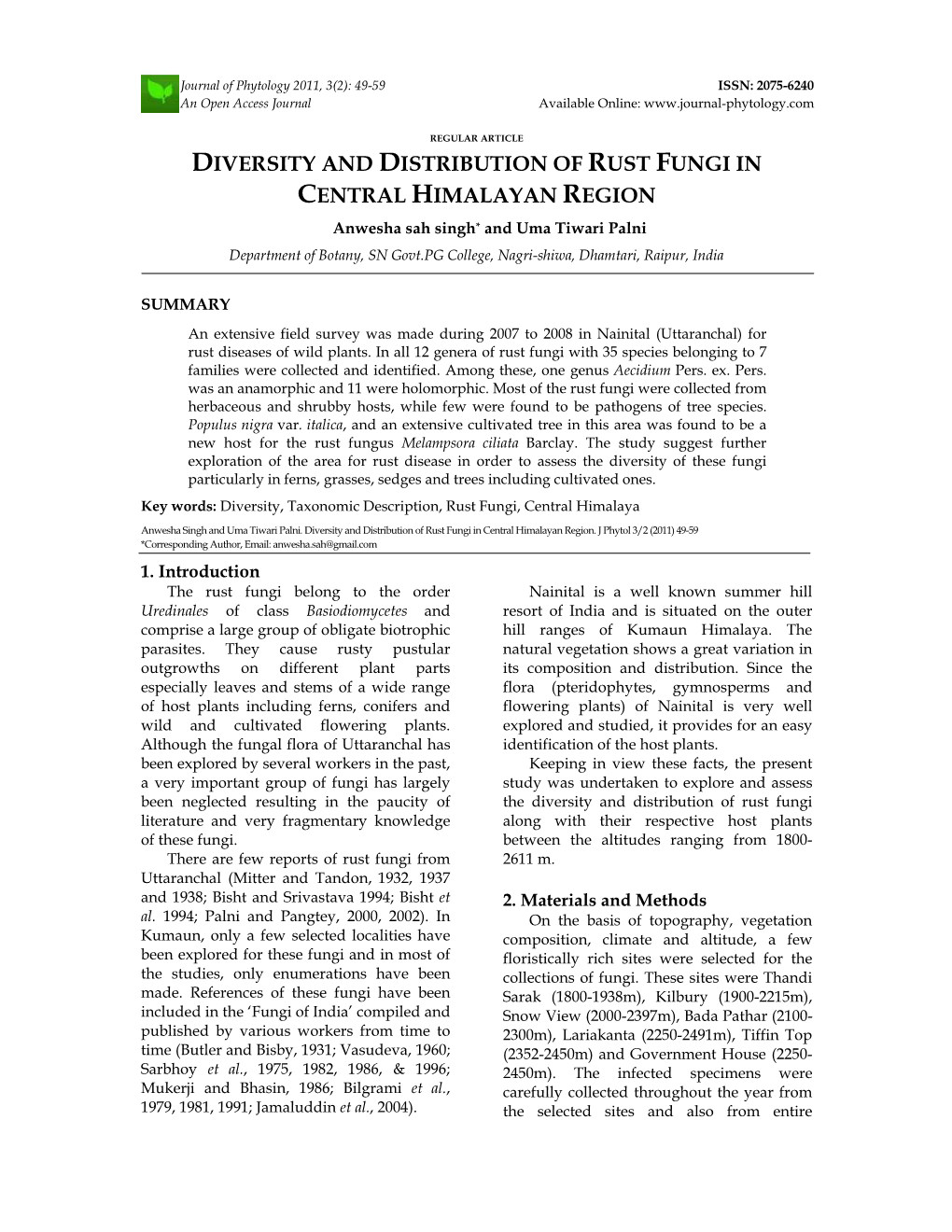 Diversity and Distribution of Rust Fungi in Central