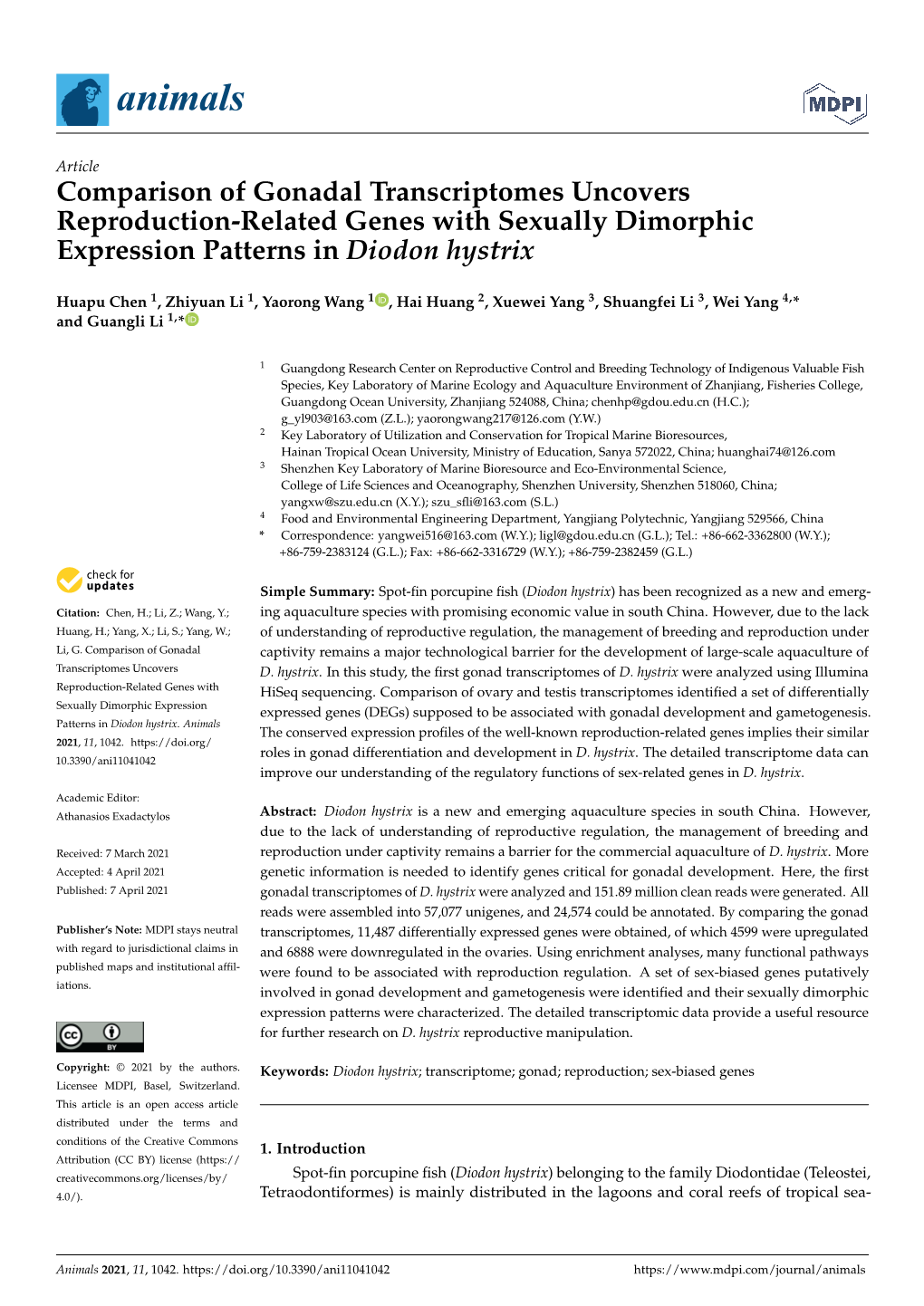 Comparison of Gonadal Transcriptomes Uncovers Reproduction-Related Genes with Sexually Dimorphic Expression Patterns in Diodon Hystrix