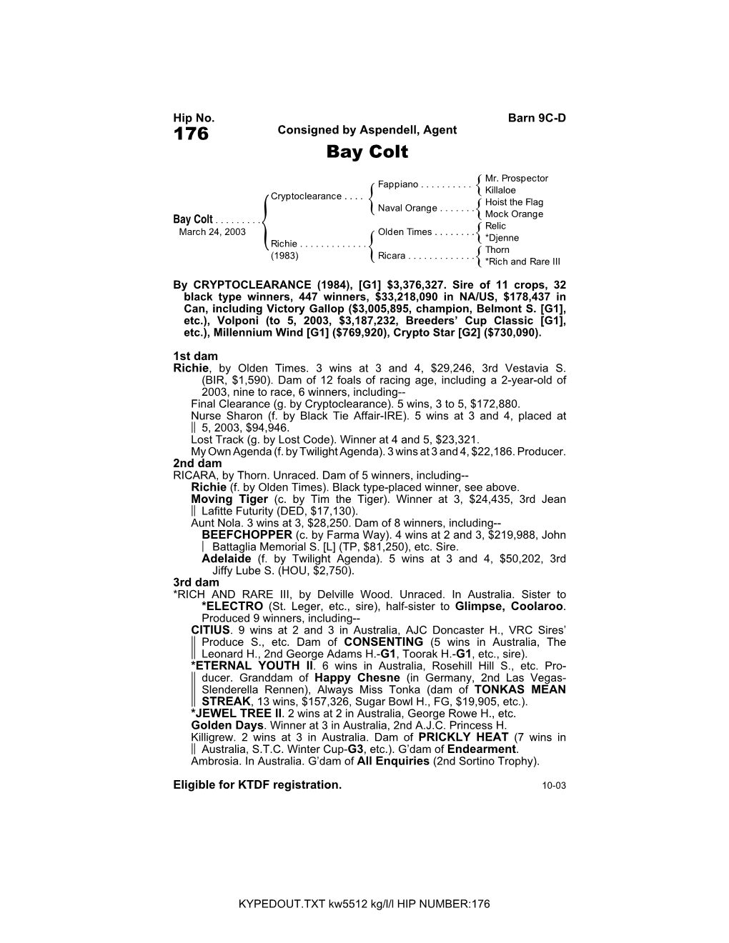 176 Consigned by Aspendell, Agent Bay Colt