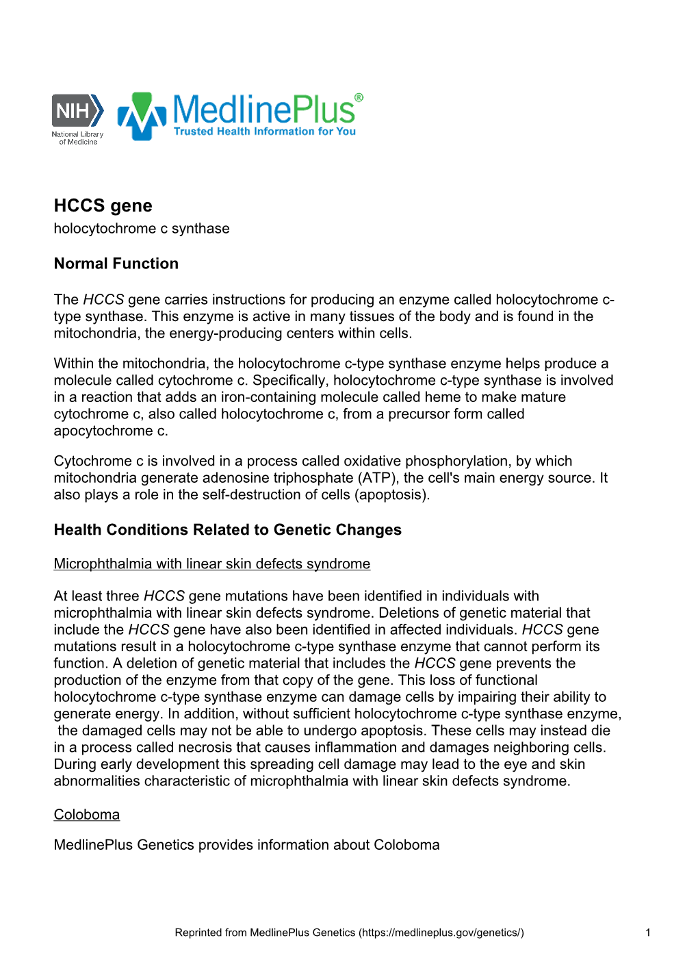 HCCS Gene Holocytochrome C Synthase