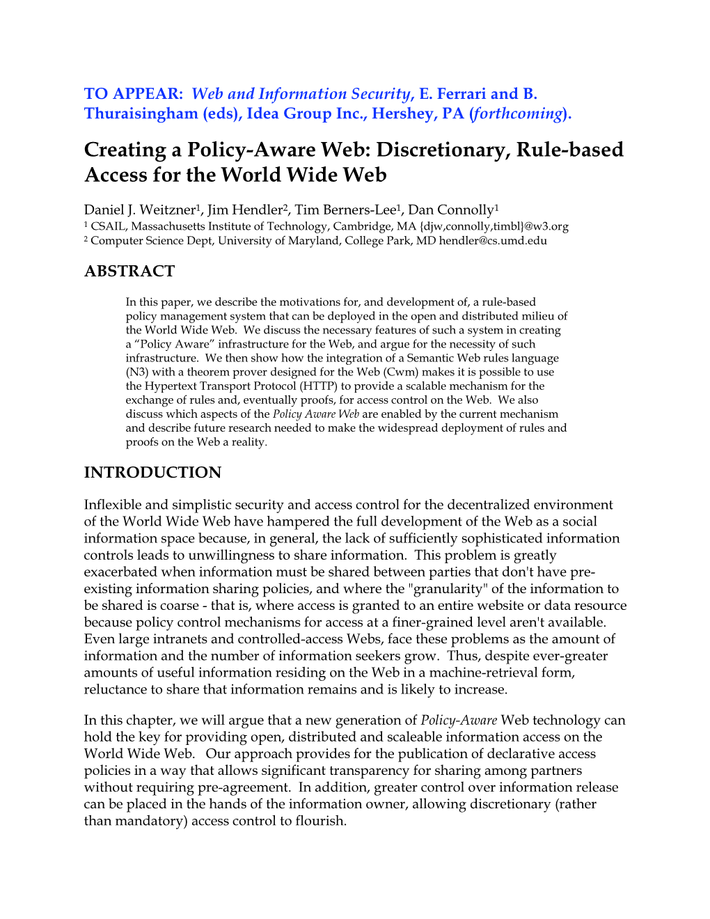 Creating a Policy-Aware Web: Discretionary, Rule-Based Access for the World Wide Web