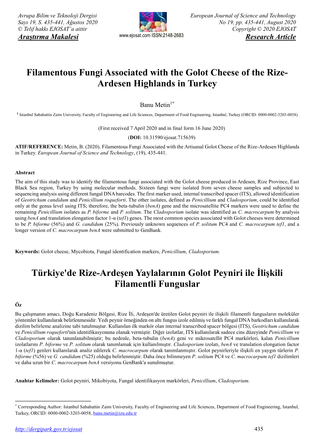 Filamentous Fungi Associated with the Golot Cheese of the Rize- Ardesen Highlands in Turkey