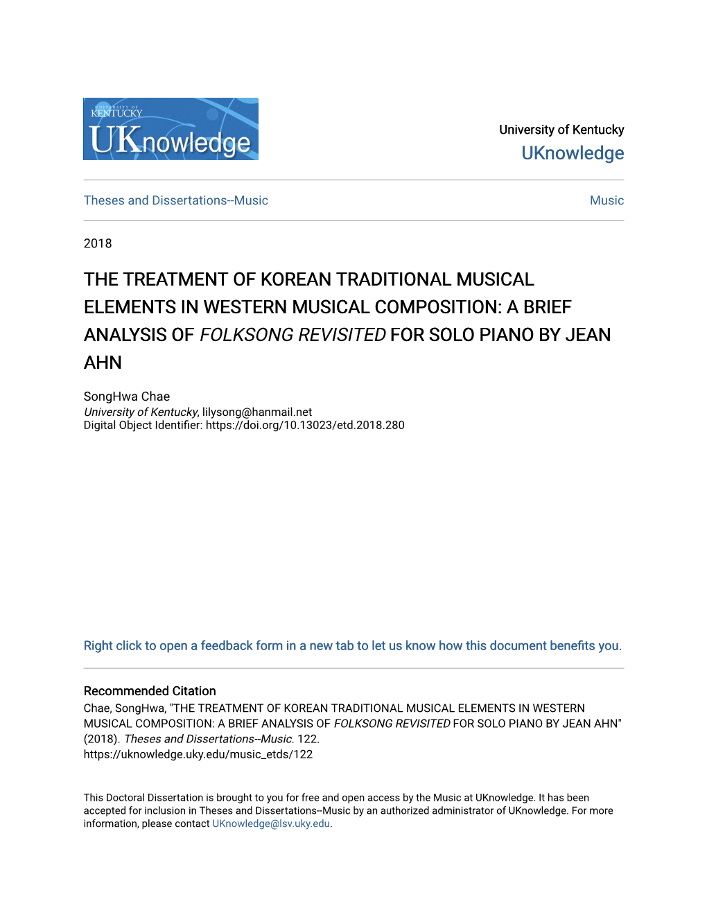 The Treatment of Korean Traditional Musical Elements in Western Musical Composition: a Brief Analysis of Folksong Revisited for Solo Piano by Jean Ahn