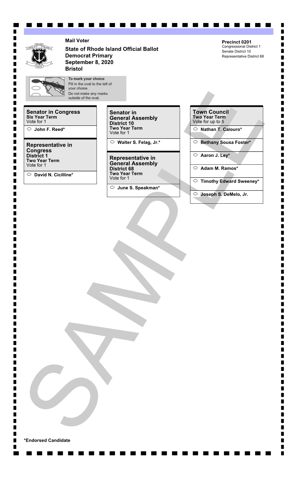 State of Rhode Island Official Ballot Democrat Primary September 8