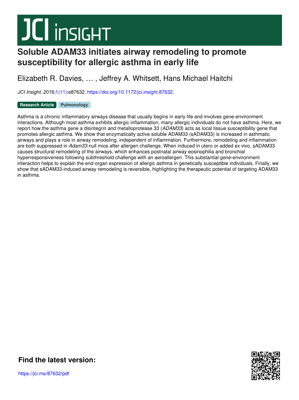 Soluble ADAM33 Initiates Airway Remodeling to Promote Susceptibility for Allergic Asthma in Early Life