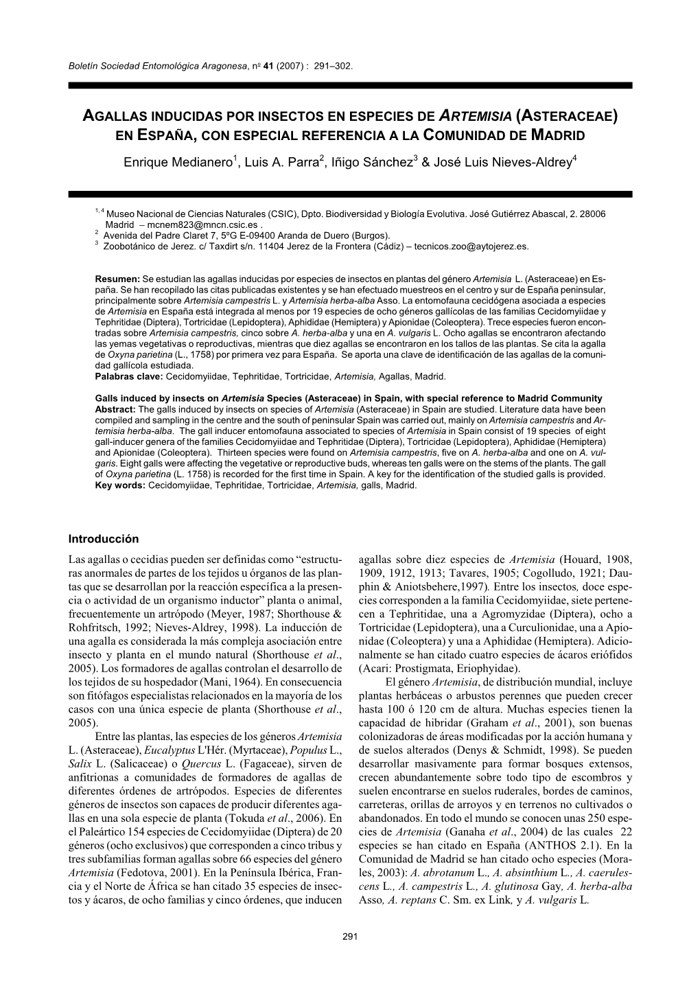 Agallas Inducidas Por Insectos En Especies De Artemisia (Asteraceae) En España, Con Especial Referencia a La Comunidad De Madrid