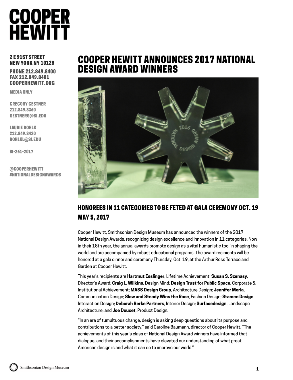 Cooper Hewitt Announces 2017 National Design Award