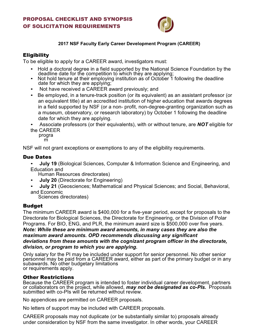 2017 NSF Faculty Early Career Development Program (CAREER)