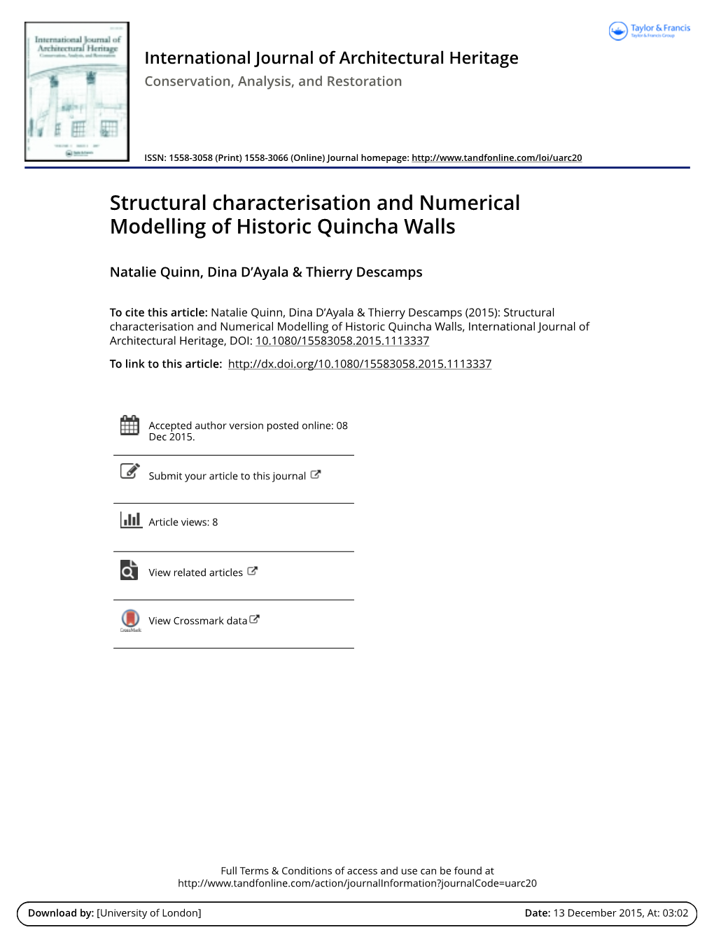 Structural Characterisation and Numerical Modelling of Historic Quincha Walls