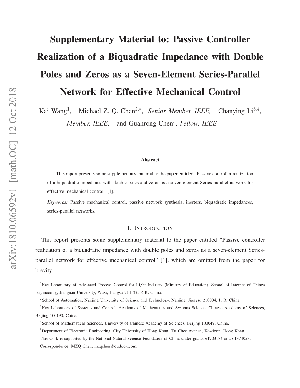 Arxiv:1810.06592V1 [Math.OC] 12 Oct 2018 Aallntokfrefciemcaia Oto”[] Wh [1], Control” Brevity