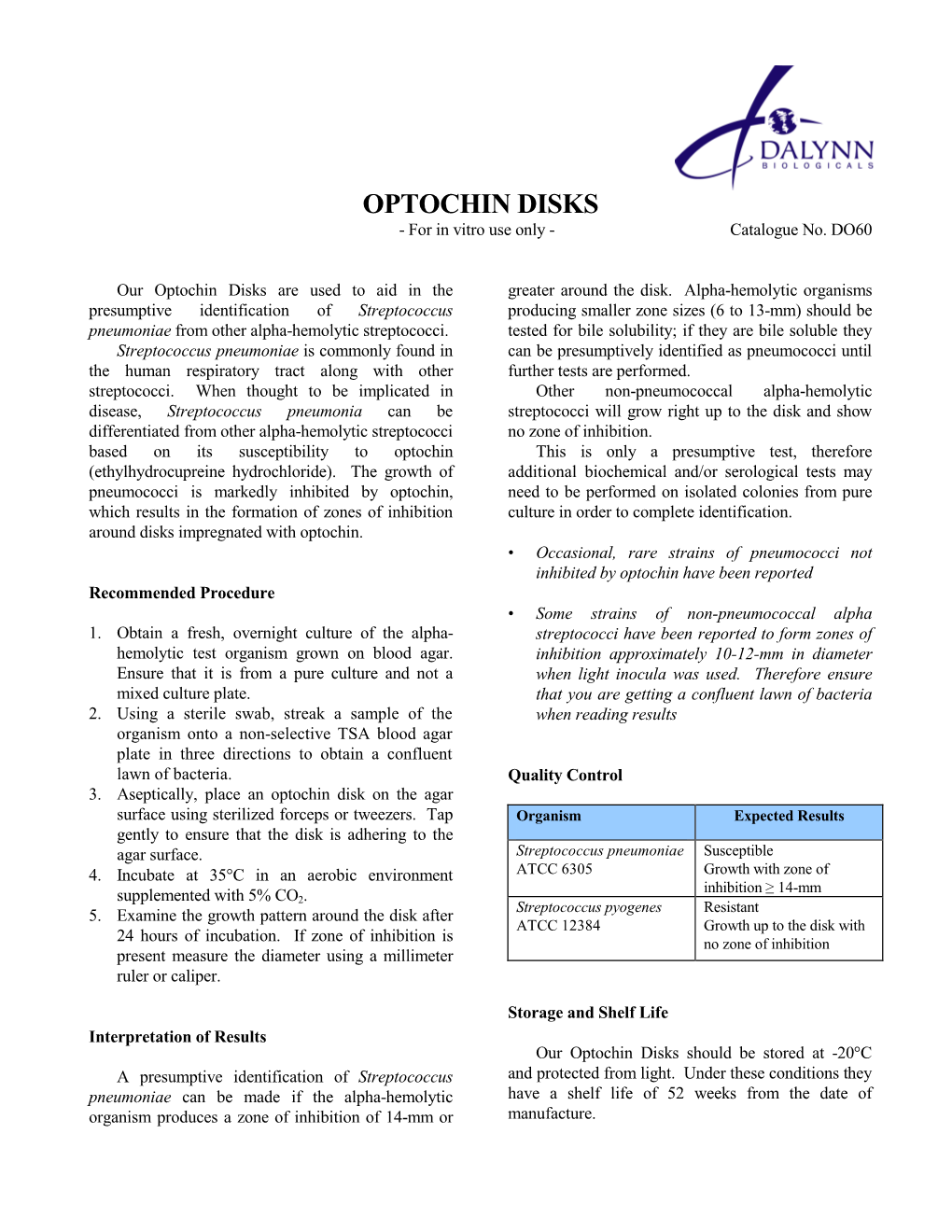 OPTOCHIN DISKS - for in Vitro Use Only - Catalogue No