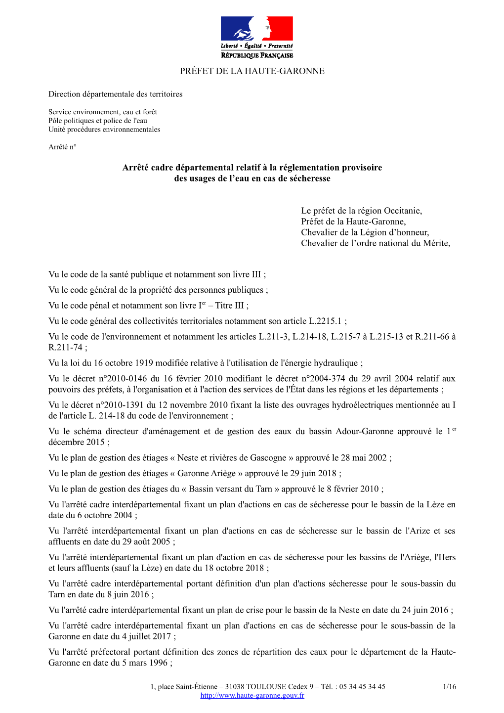 Projet D'arrêté Cadre Sécheresse De La Haute-Garonne