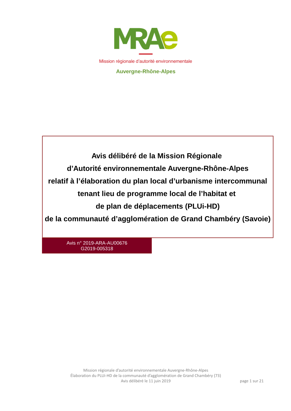 Avis Délibéré De La Mission Régionale D'autorité Environnementale Auvergne-Rhône-Alpes Relatif À L'élaboration Du Pl