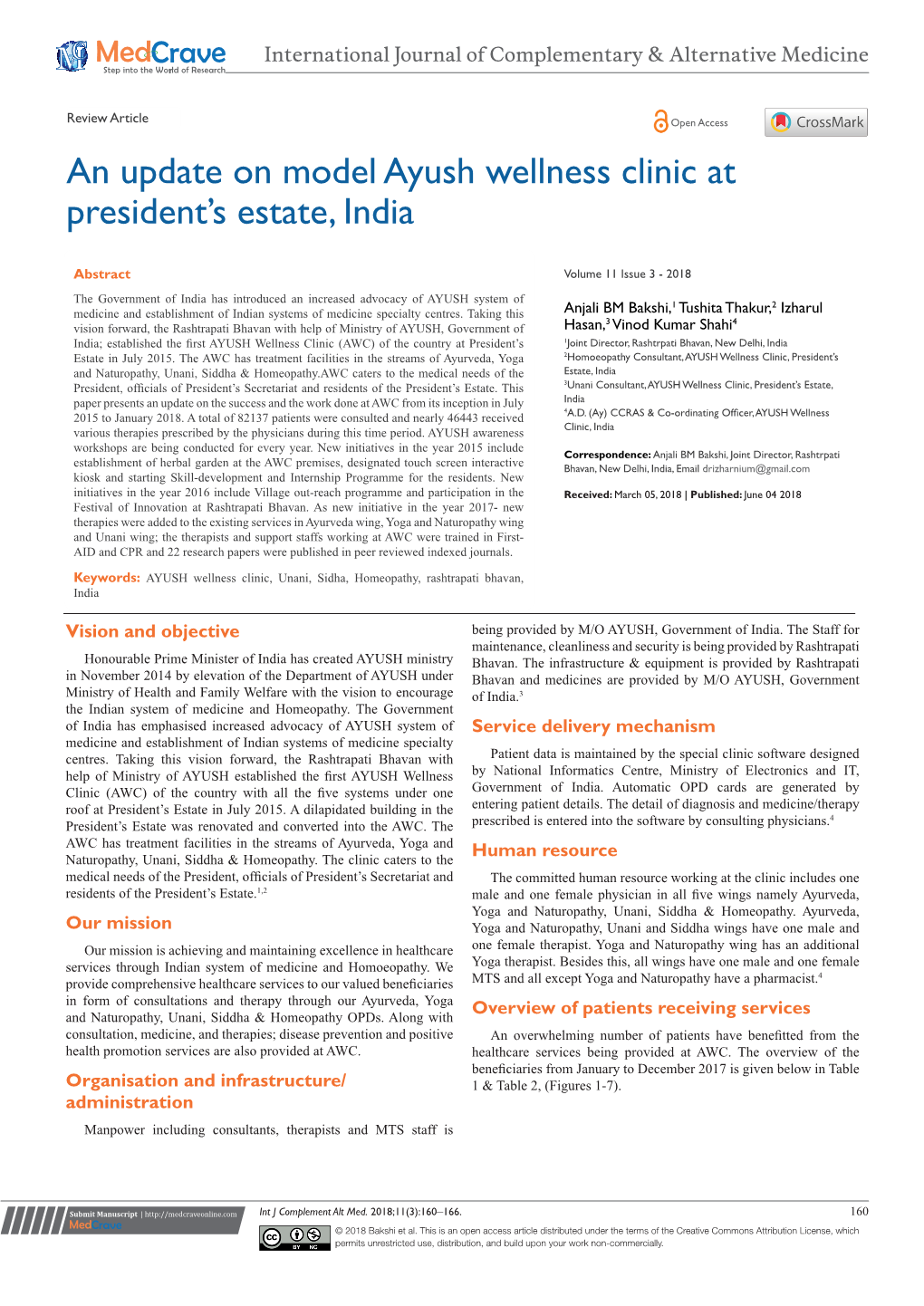 An Update on Model Ayush Wellness Clinic at President's Estate, India