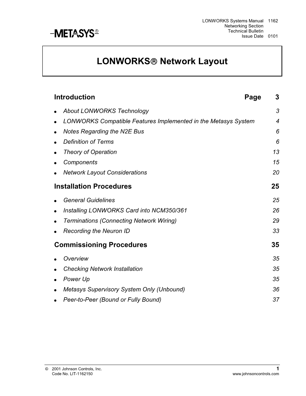LONWORKS Systems Manual 1162 Networking Section Technical Bulletin Issue Date 0101