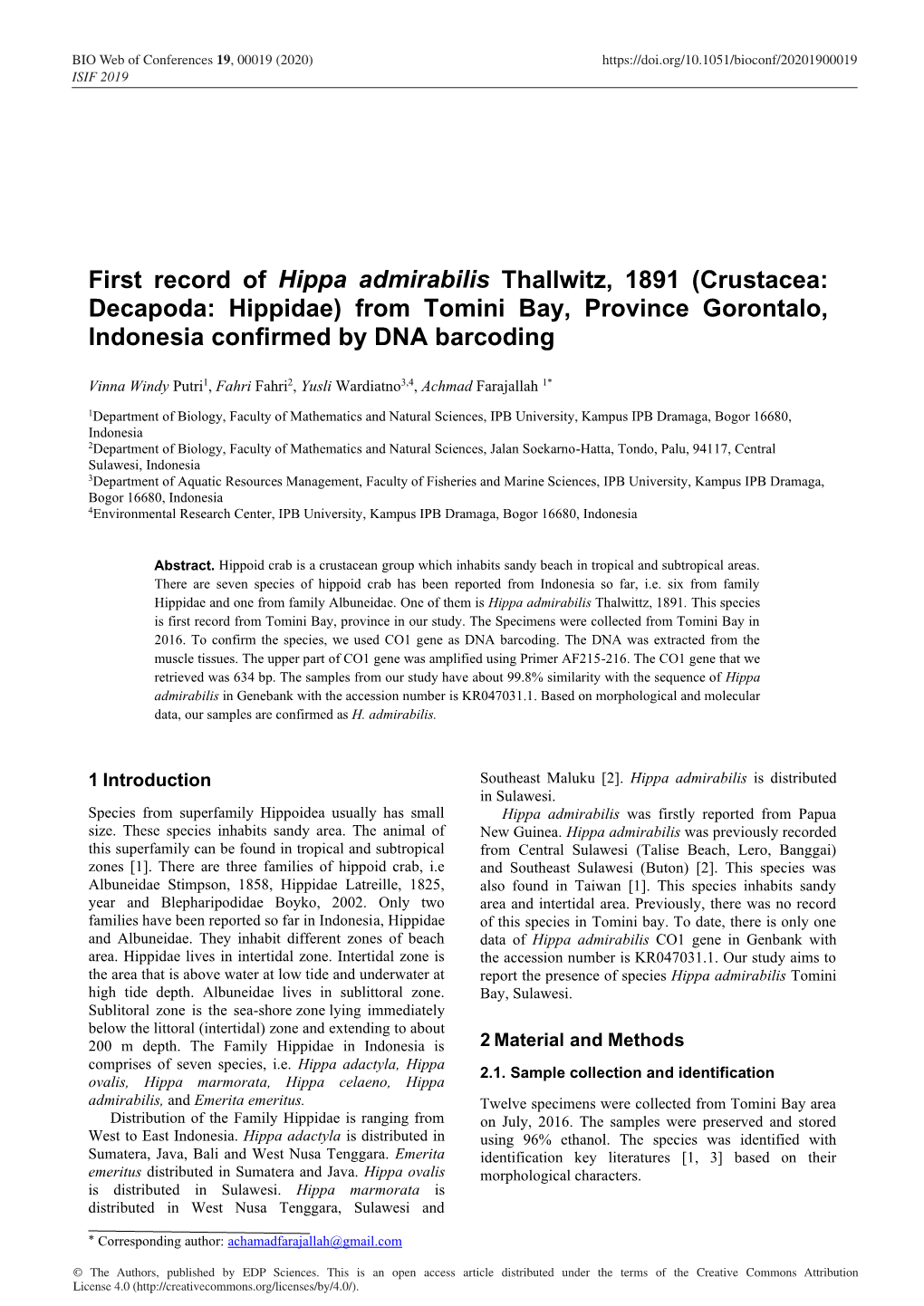 First Record of Hippa Admirabilis Thallwitz, 1891 (Crustacea: Decapoda: Hippidae) from Tomini Bay, Province Gorontalo, Indonesia Confirmed by DNA Barcoding