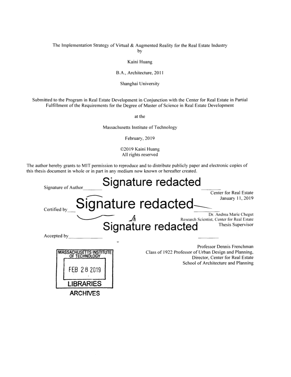 Signature Redacted Center for Real Estate January 11, 2019