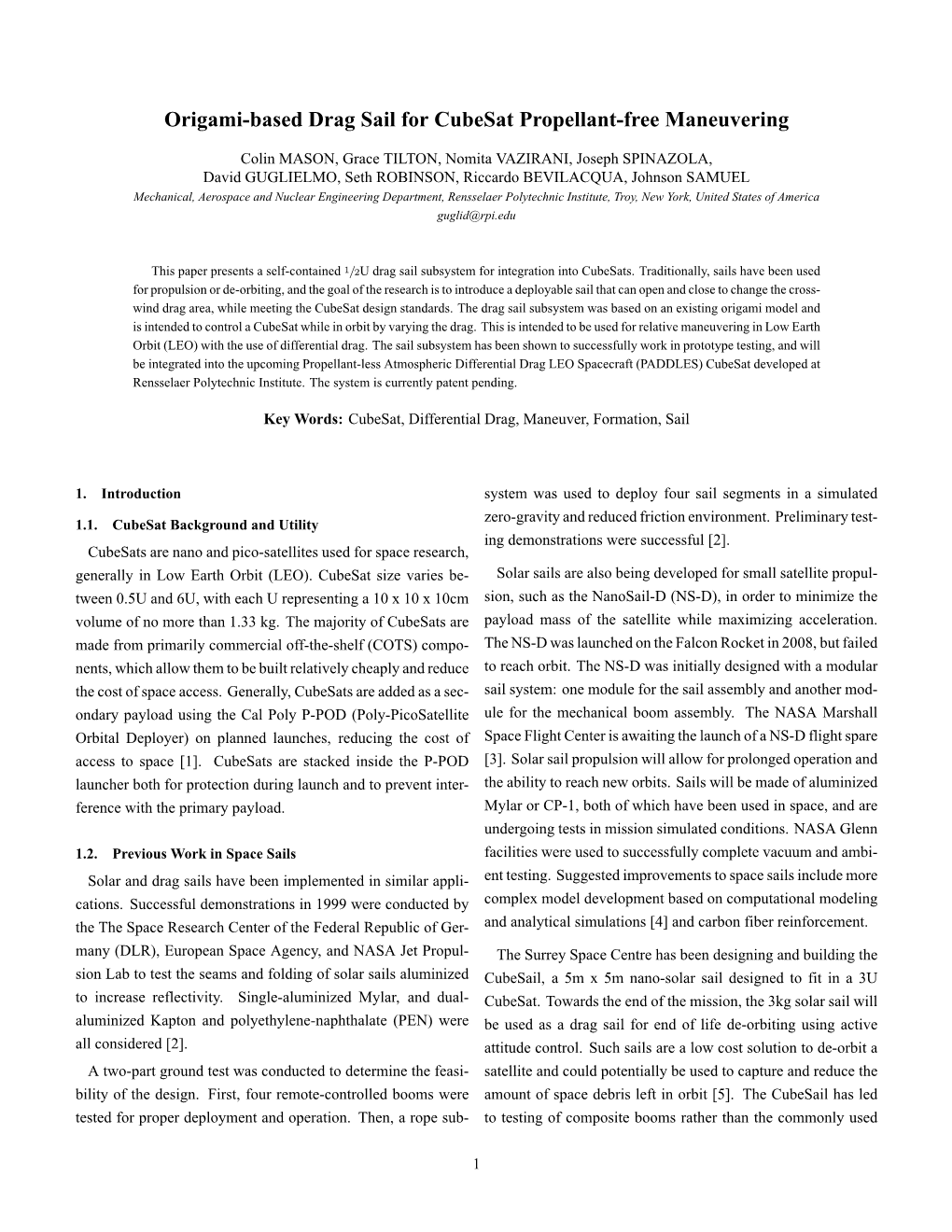 Origami-Based Drag Sail for Cubesat Propellant-Free Maneuvering