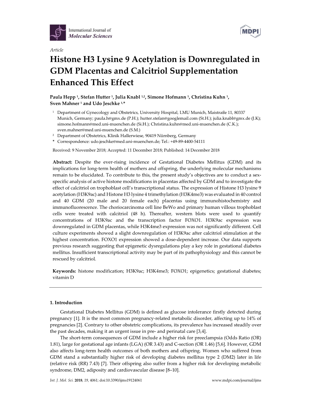 Histone H3 Lysine 9 Acetylation Is Downregulated in GDM Placentas and Calcitriol Supplementation Enhanced This Effect