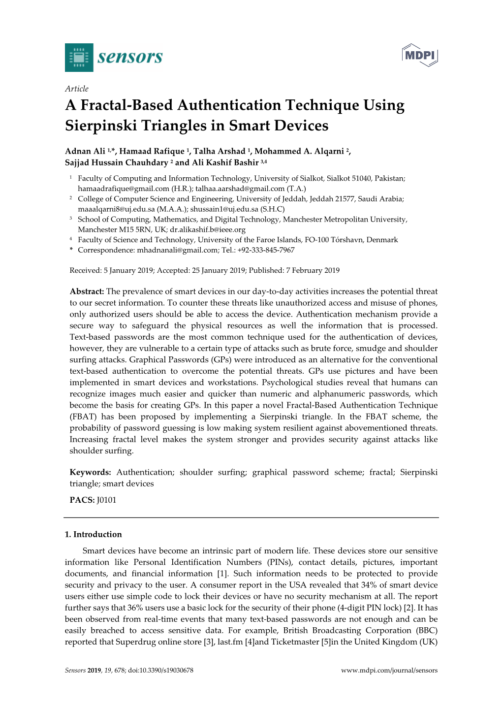 A Fractal-Based Authentication Technique Using Sierpinski Triangles in Smart Devices