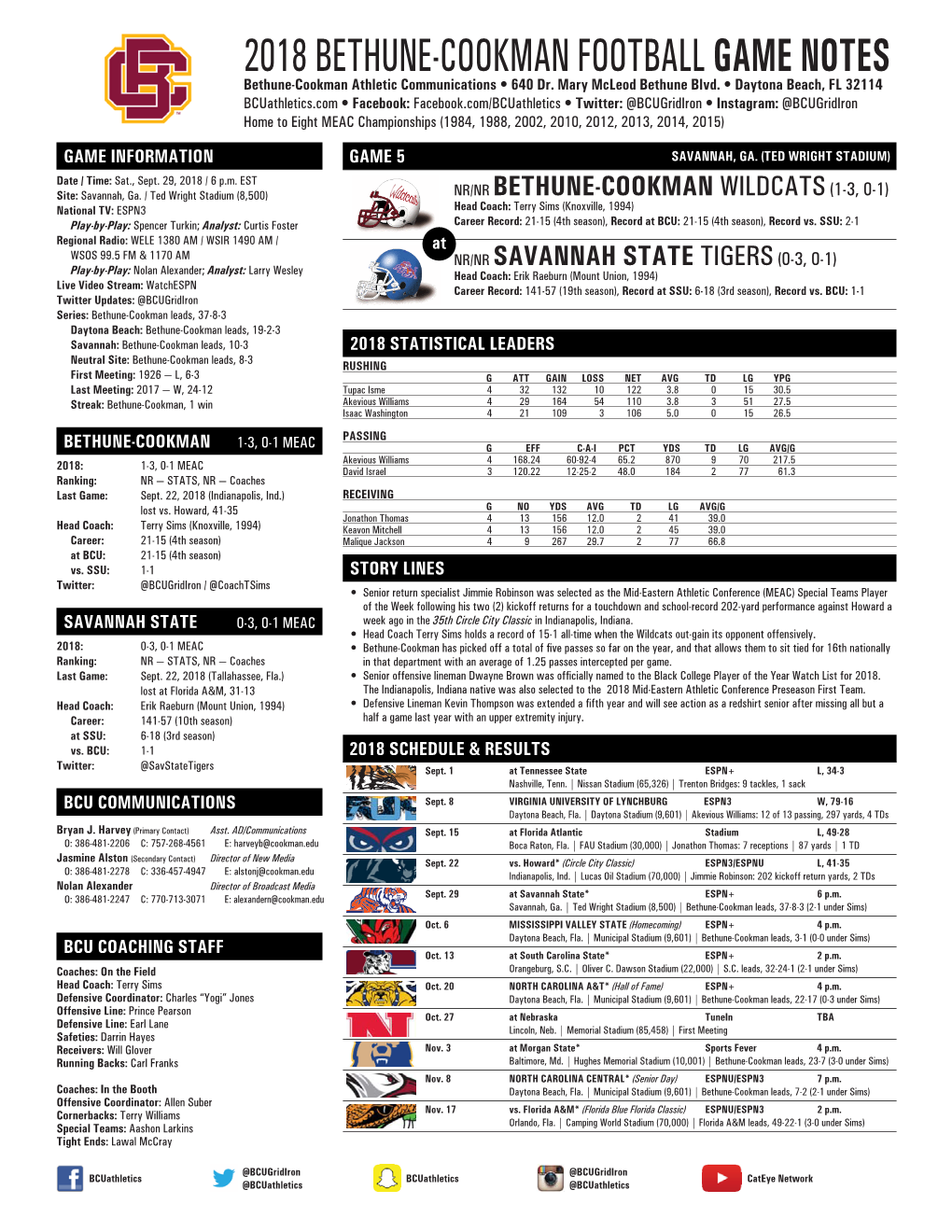2018 BETHUNE-COOKMAN FOOTBALL GAME NOTES Bethune-Cookman Athletic Communications • 640 Dr