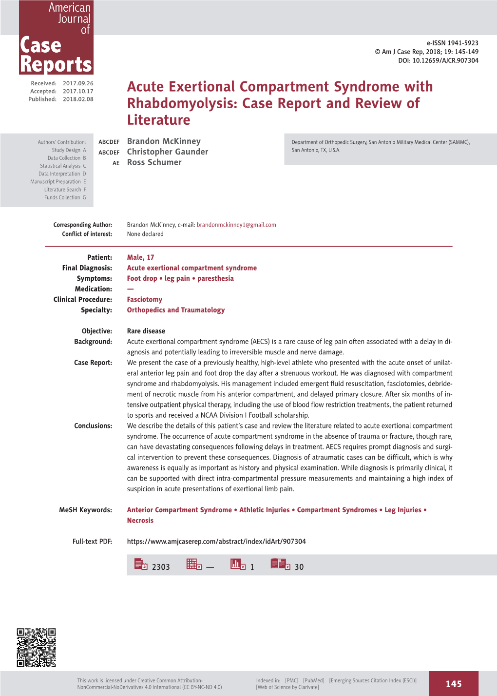 Acute Exertional Compartment Syndrome with Published: 2018.02.08 Rhabdomyolysis: Case Report and Review of Literature