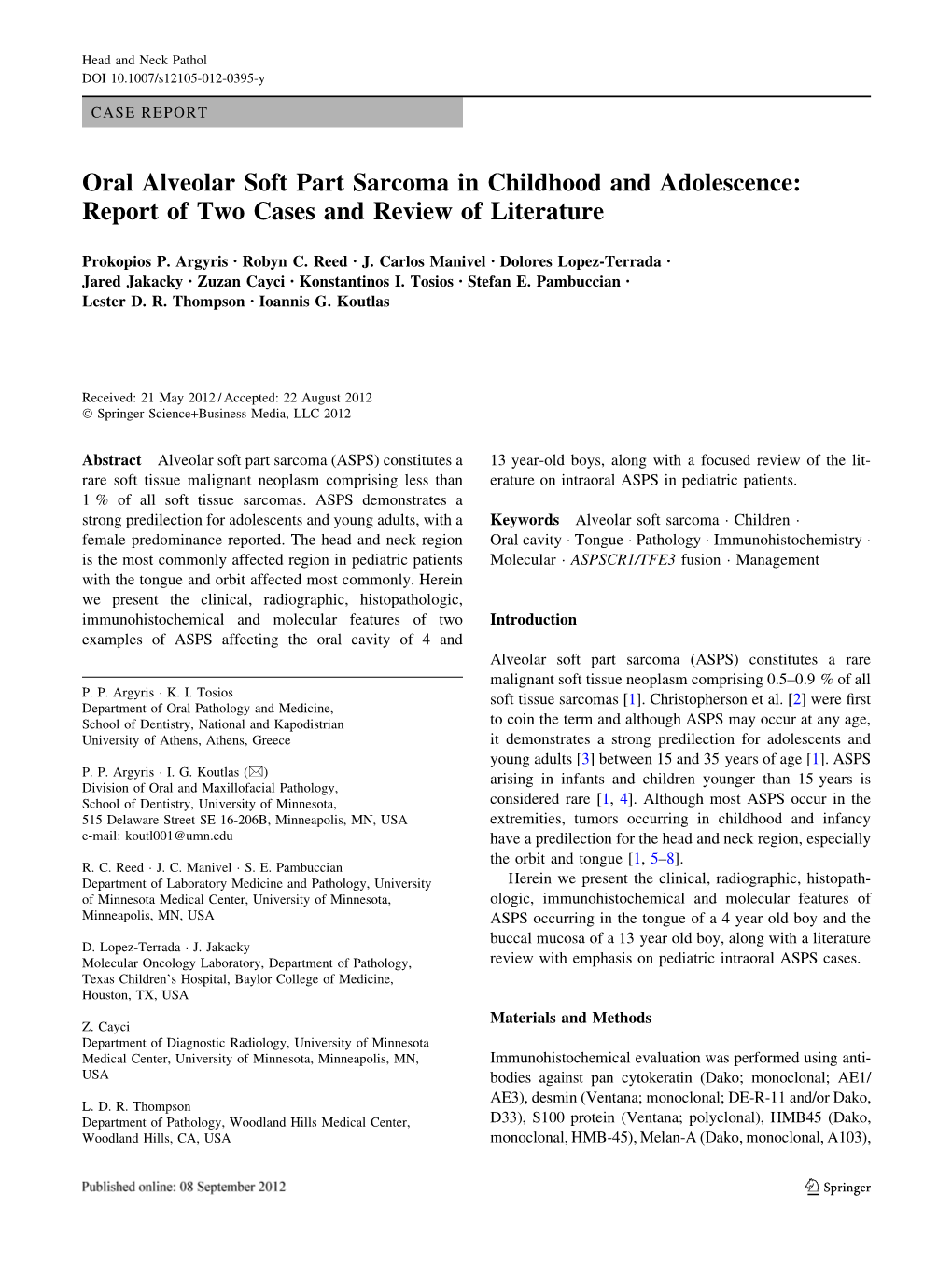 Oral Alveolar Soft Part Sarcoma in Childhood and Adolescence: Report of Two Cases and Review of Literature