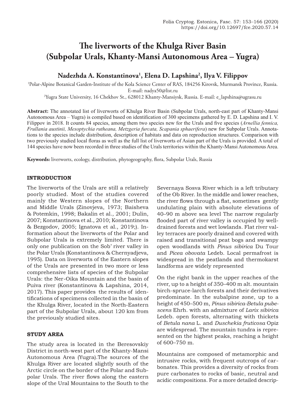 The Liverworts of the Khulga River Basin (Subpolar Urals, Khanty-Mansi Autonomous Area – Yugra)