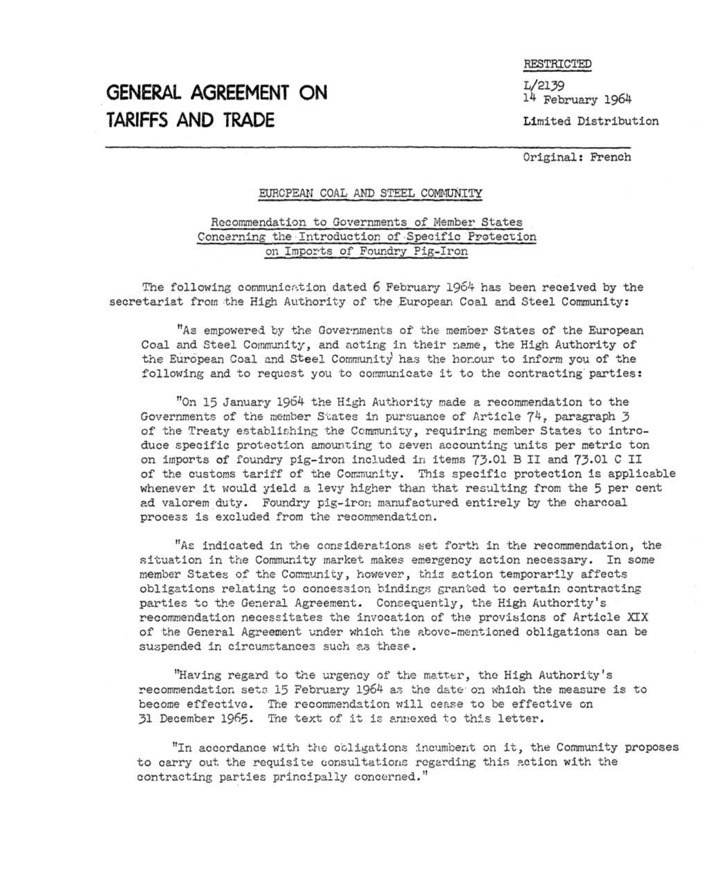 14 February 1964 TARIFFS and TRADE Limited Distribution