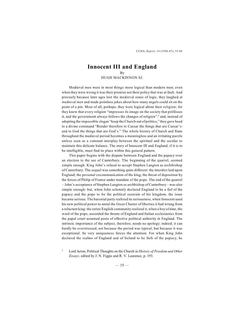 Innocent III and England by HUGH MACKINNON SJ