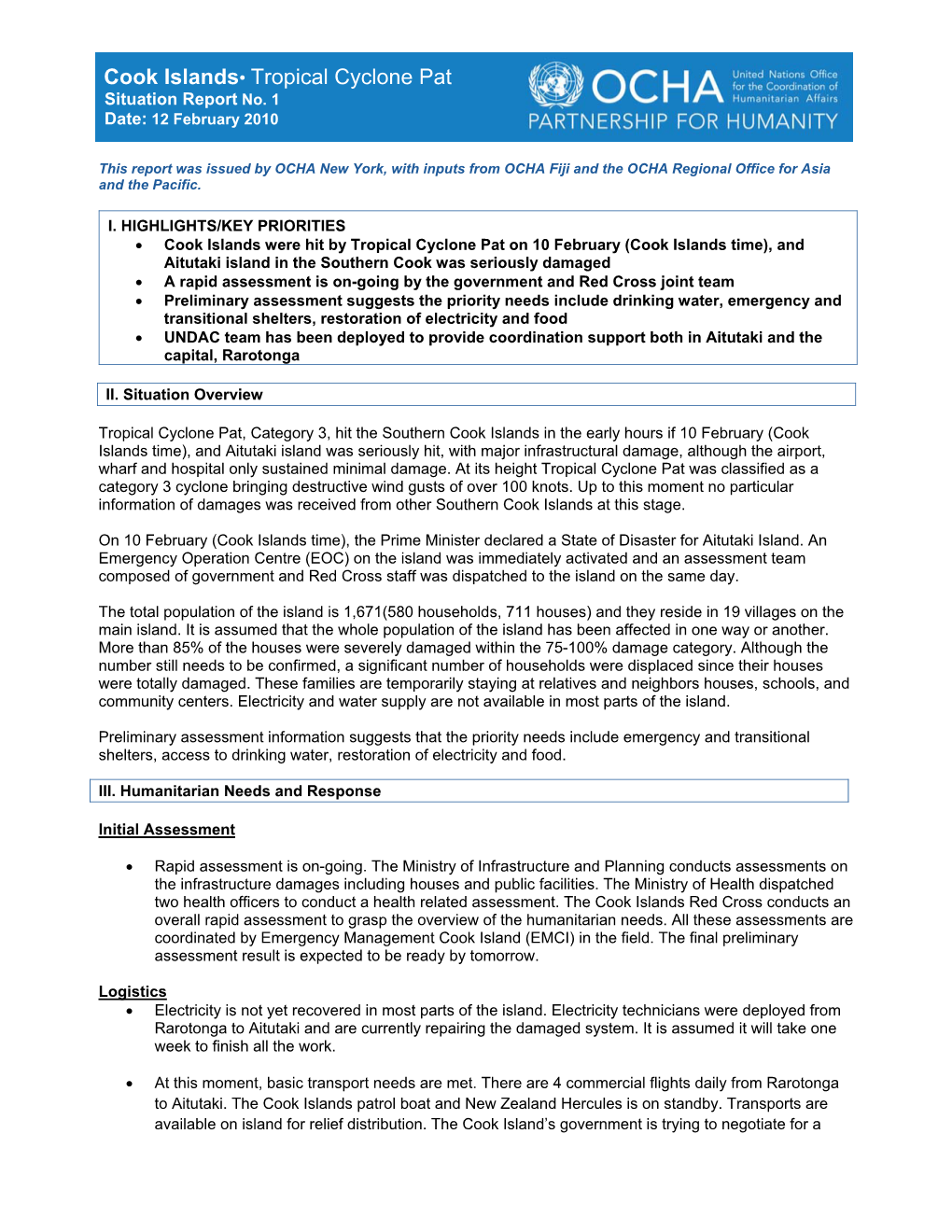 Cook Islands• Tropical Cyclone Pat Situation Report No