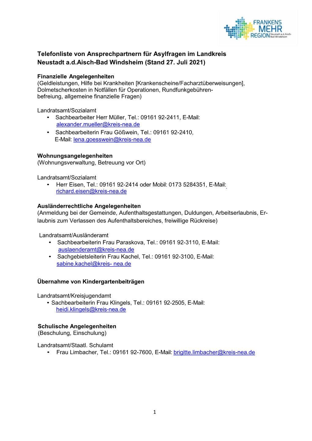 Telefonliste Von Ansprechpartnern Für Asylfragen Im Landkreis Neustadt A.D.Aisch-Bad Windsheim (Stand 27