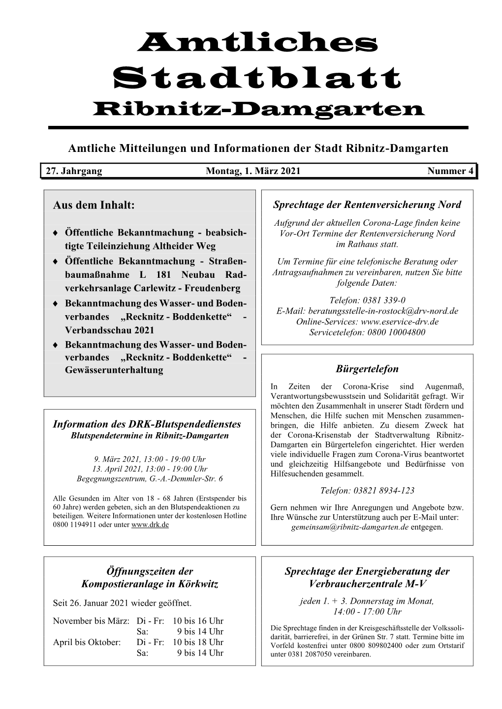 Stadtblatt Ribnitz-Damgarten Amtliches Mitteilungsblatt, Nr