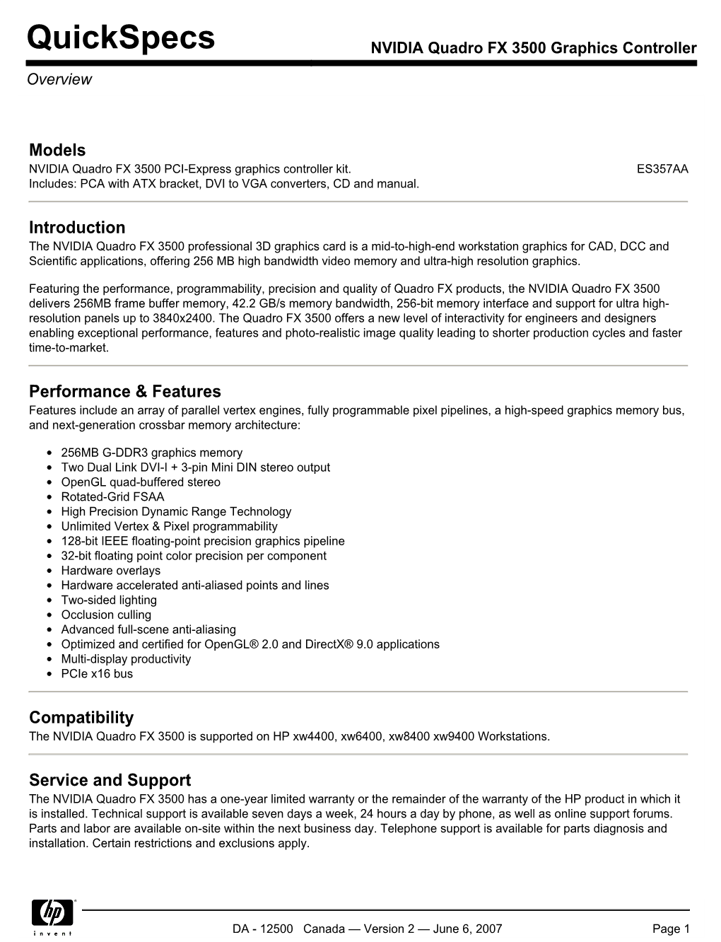 NVIDIA Quadro FX 3500 Graphics Controller Overview