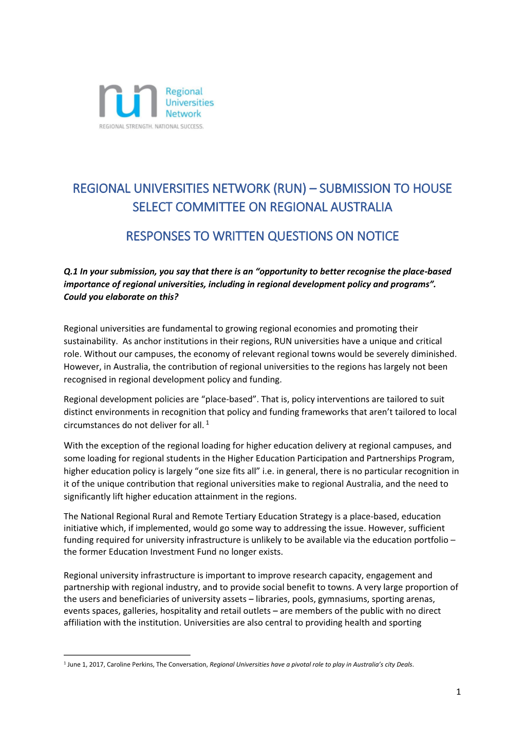 Regional Universities Network (Run) – Submission to House Select Committee on Regional Australia