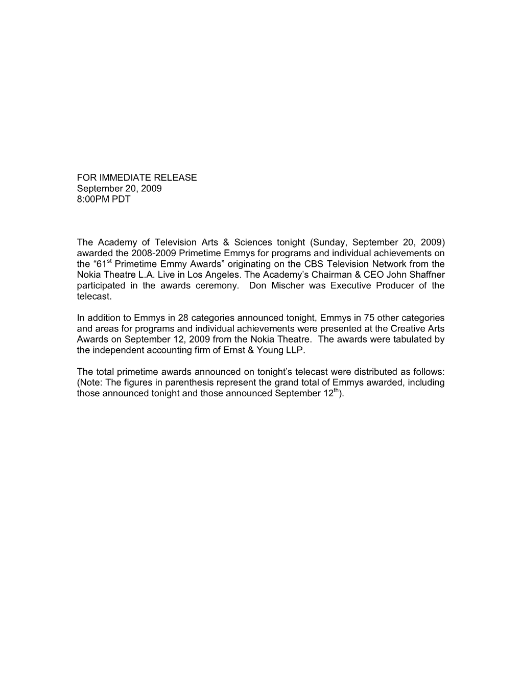 2009 Primetime Press Release