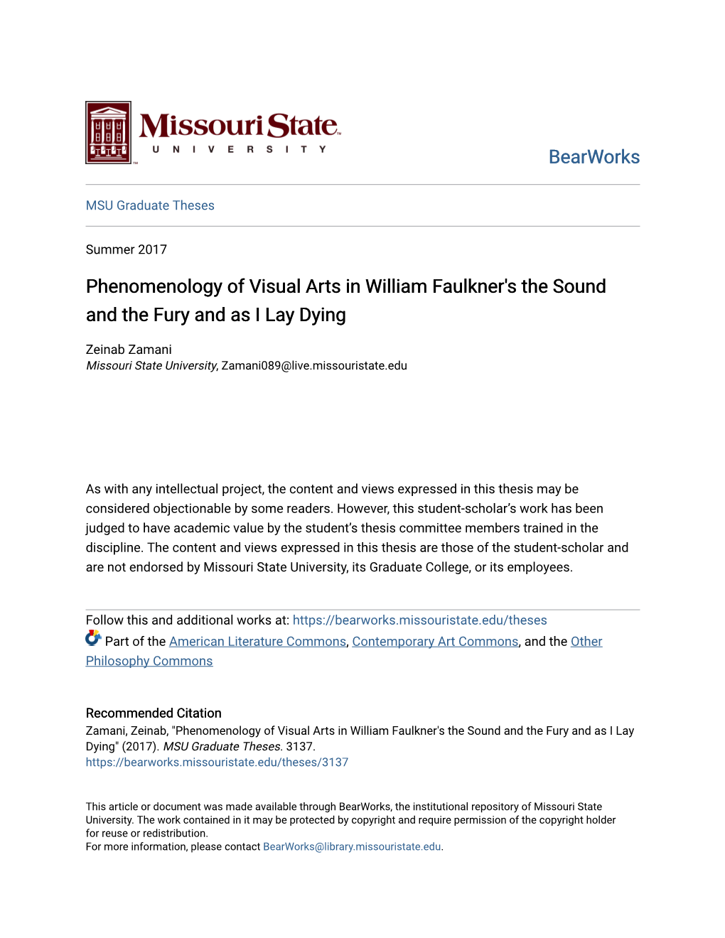 Phenomenology of Visual Arts in William Faulkner's the Sound and the Fury and As I Lay Dying