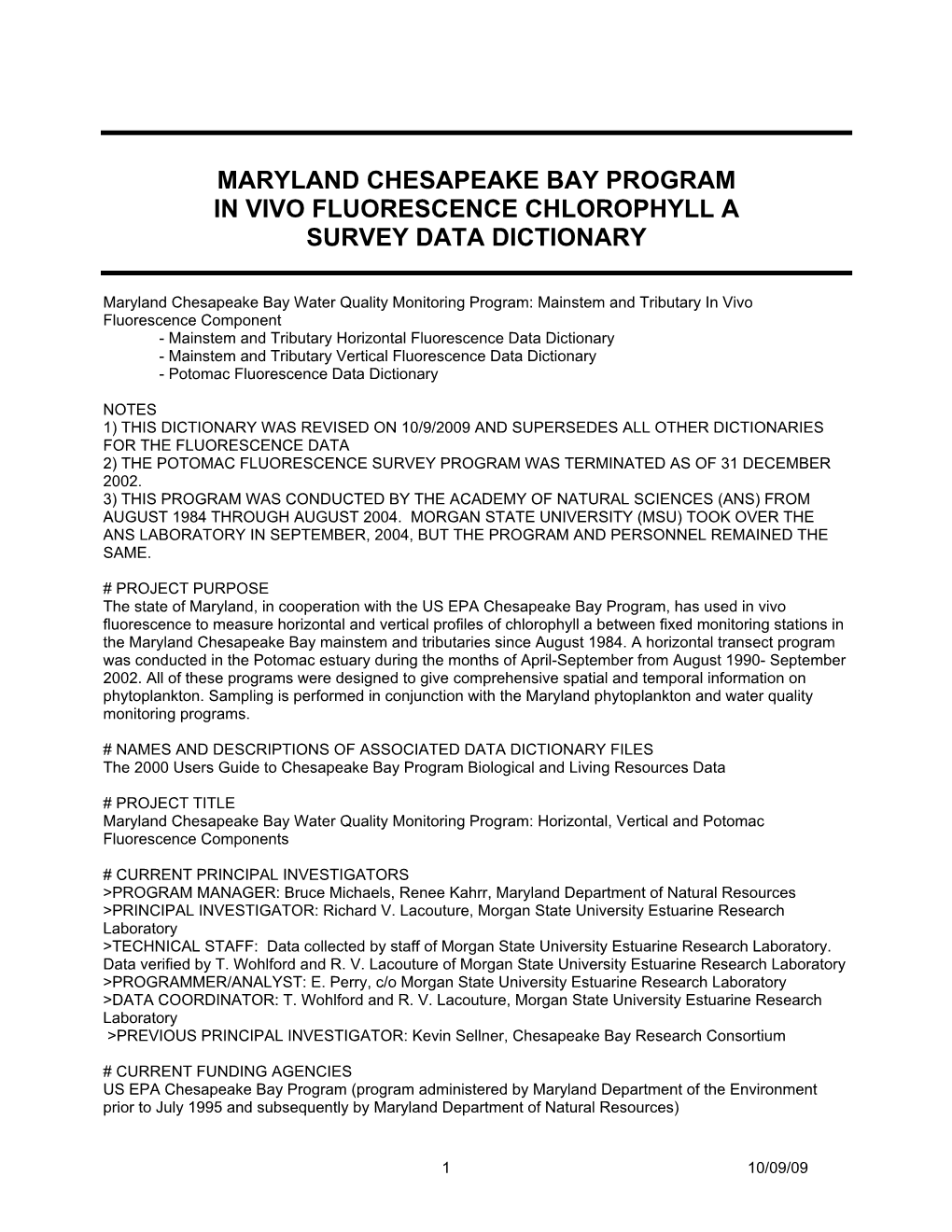 Maryland Fluorescence Monitoring Project Data Documentation