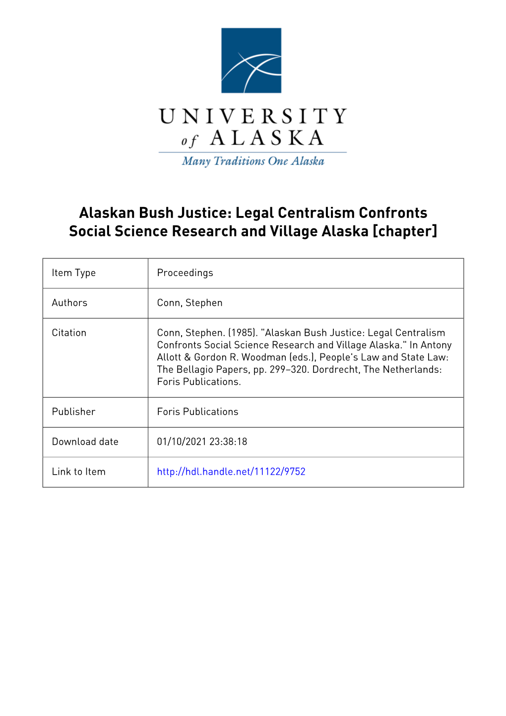 Alaskan Bush Justice: Legal Centralism Confronts Social Science Research and Village Alaska [Chapter]