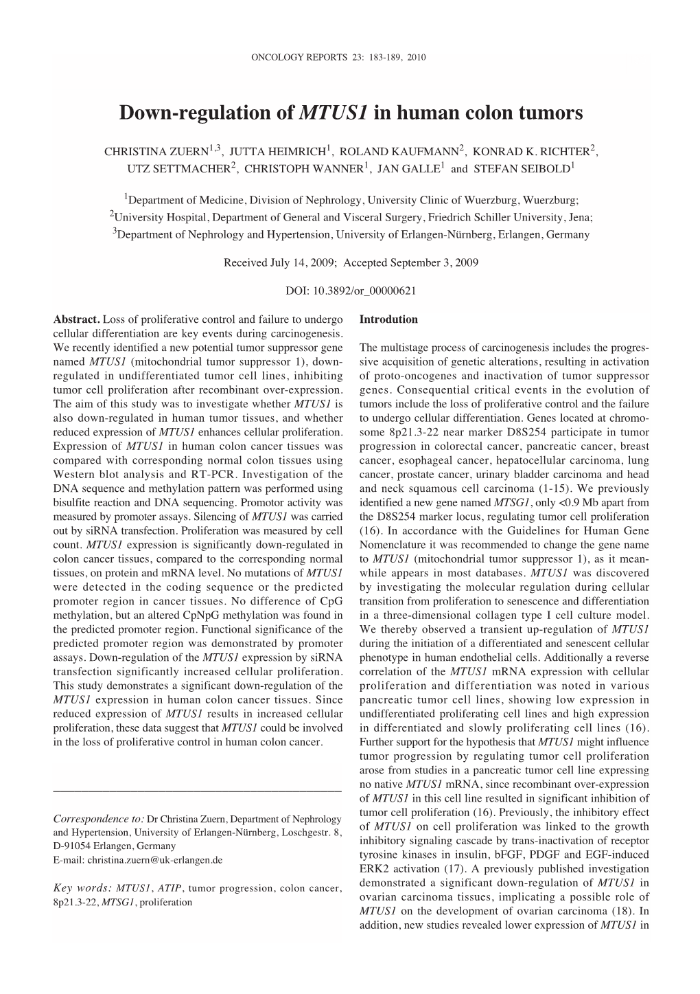 Down-Regulation of MTUS1 in Human Colon Tumors