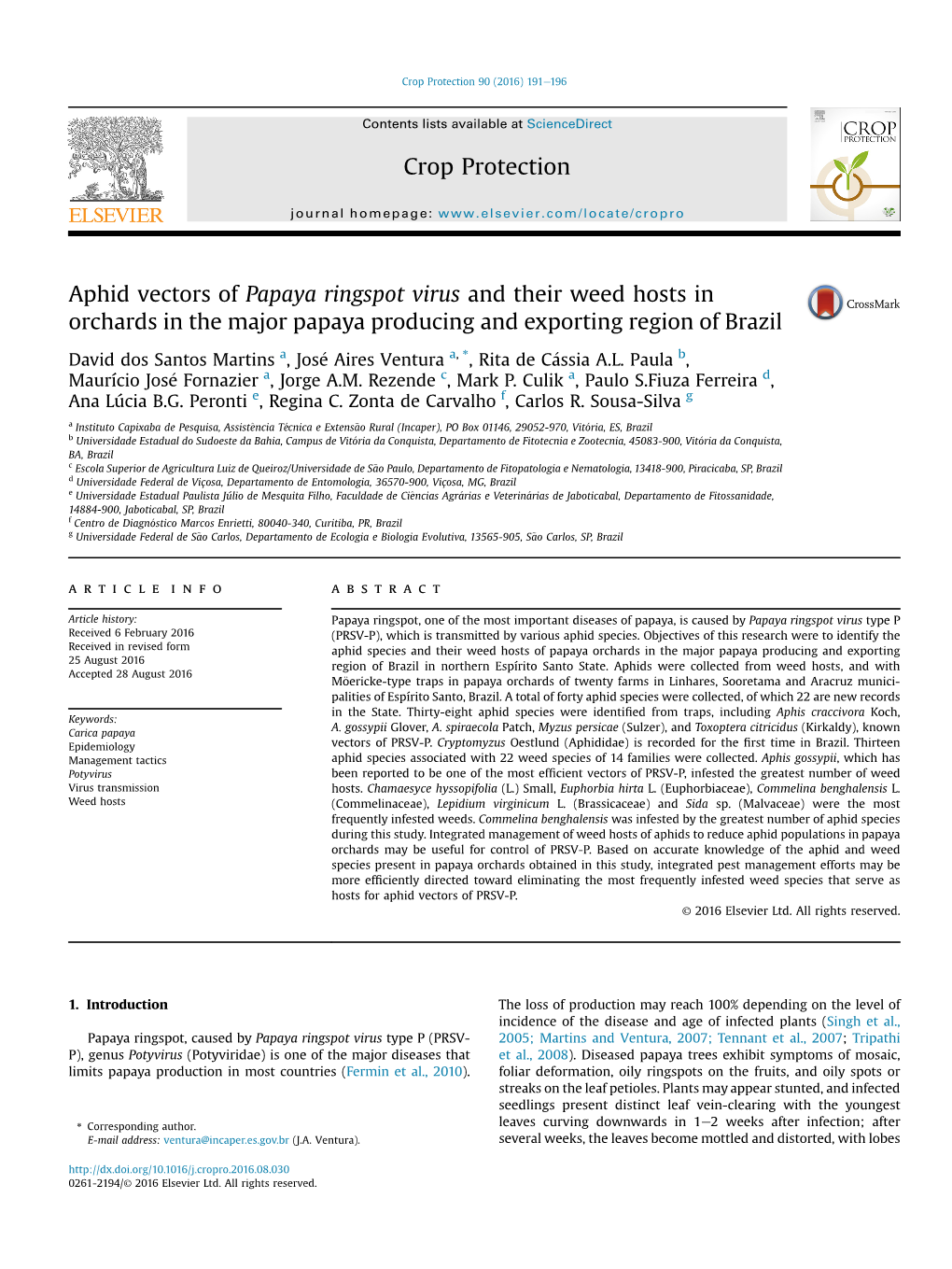 Aphid Vectors of Papaya Ringspot Virus and Their Weed Hosts in Orchards in the Major Papaya Producing and Exporting Region of Brazil