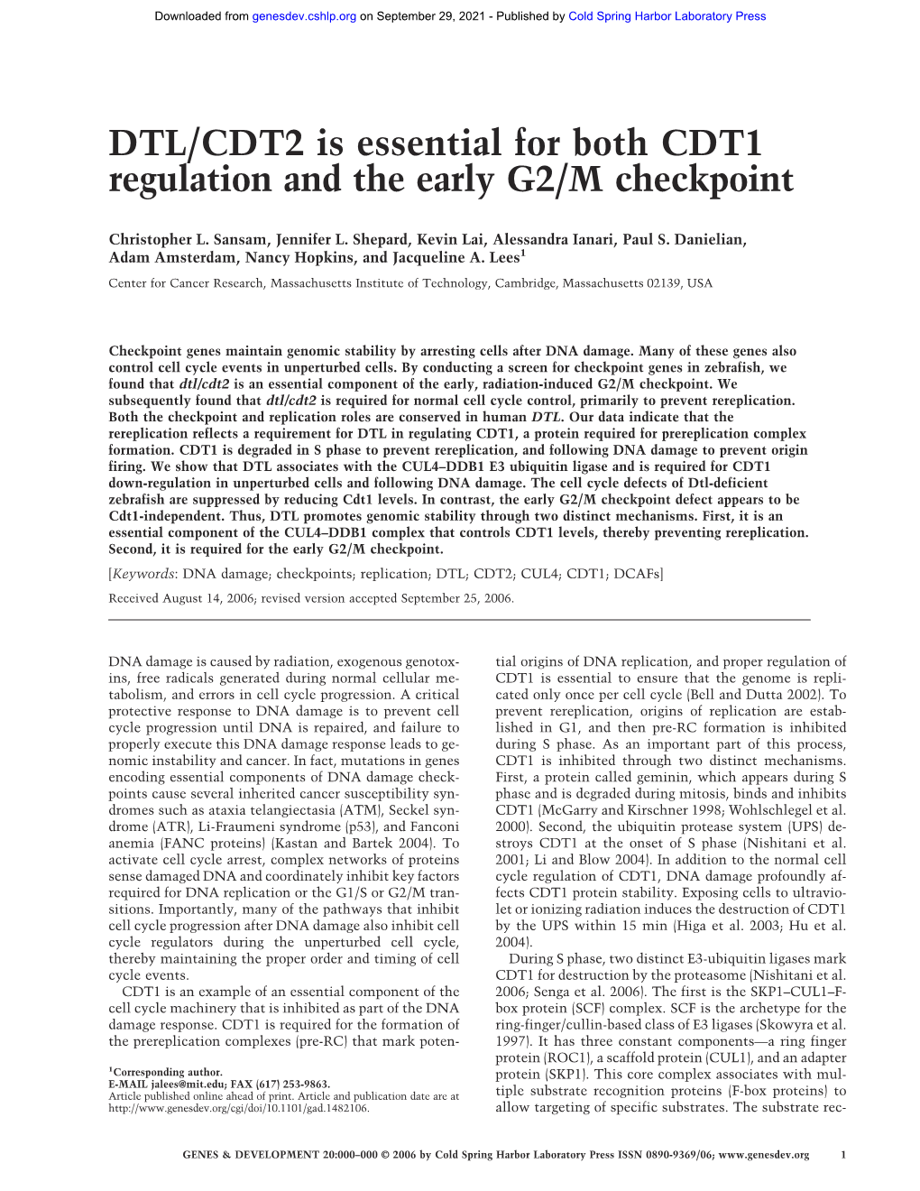 DTL/CDT2 Is Essential for Both CDT1 Regulation and the Early G2/M Checkpoint