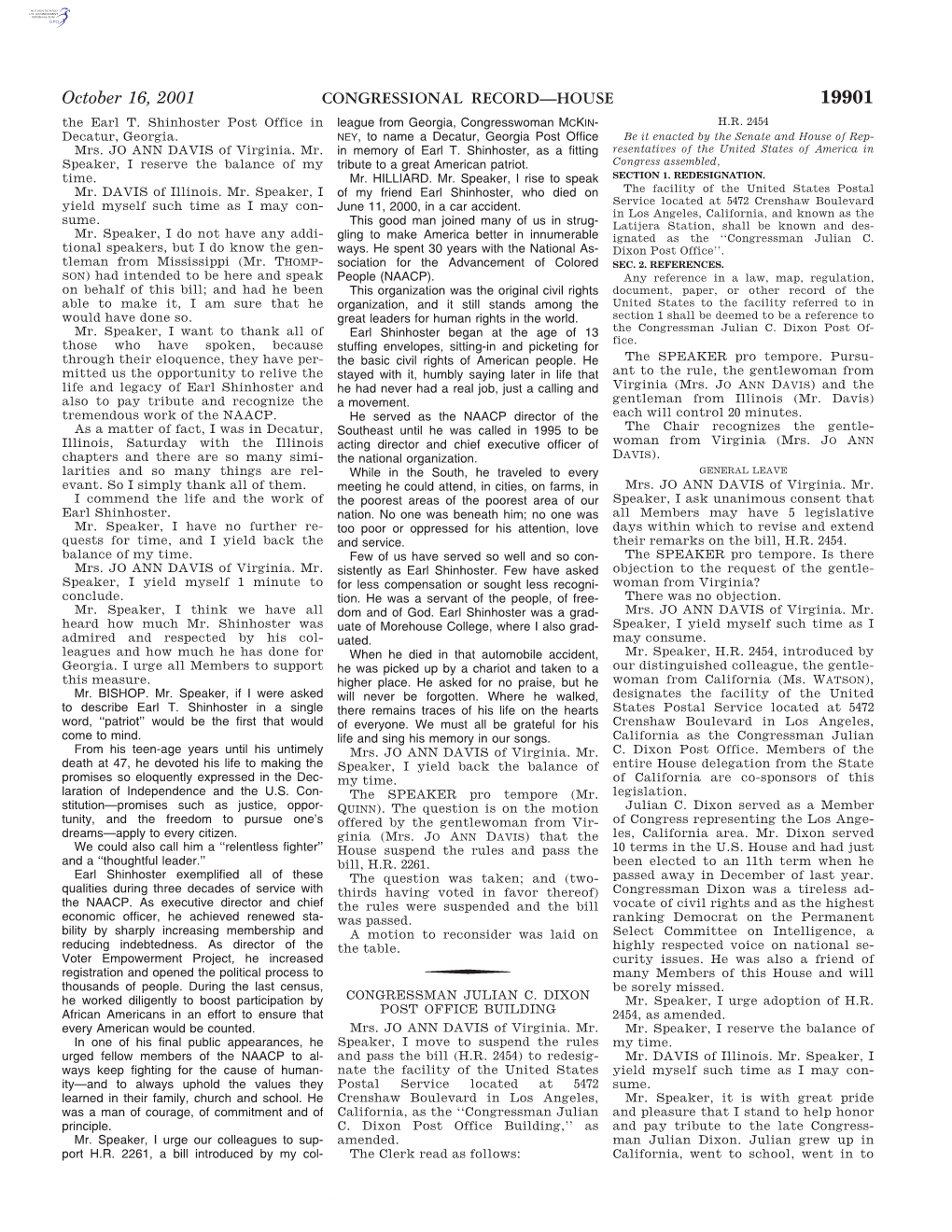 CONGRESSIONAL RECORD—HOUSE October 16, 2001 the Military, Returned Home, Finished Lect Committee on Intelligence