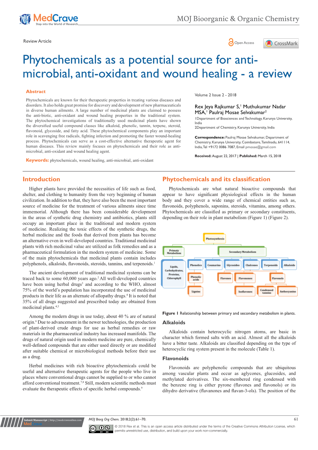 Phytochemicals As a Potential Source for Anti-Microbial, Anti-Oxidant and Wound Healing - a Review ©2018 Rex Et Al