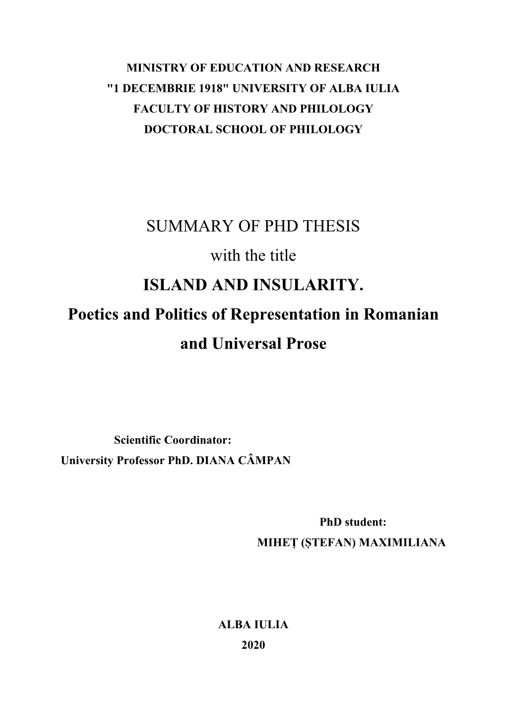 SUMMARY of PHD THESIS with the Title ISLAND and INSULARITY